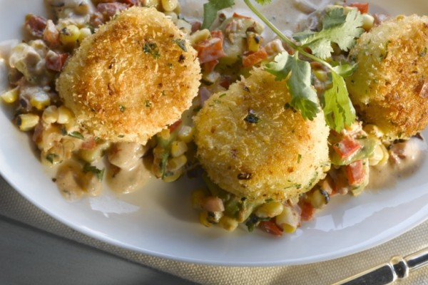 roasted corn lime and coriander creamy succotash crispy chili and panko crusted scallops