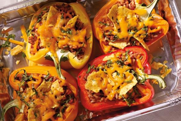 roasted peppers with frijoles and cheddar