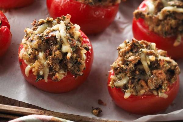 tomatoes stuffed with mushroom duxelles and cantonnier de warwick cheese