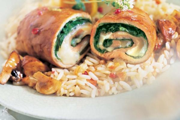 veal rolls with spinach gouda and forestiere sauce
