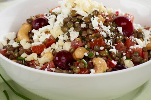 warm lentil tomato salad with cherries and cashews
