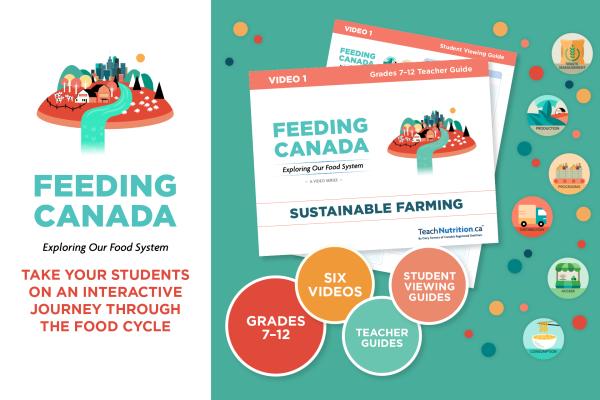 Colourful image that says, “Feeding Canada”, “Exploring Our Food System”, “Take your students on an interactive journey through the food cycle” and shows images of the student workbook and teacher guide. The image also says “grades 7-12" and “six videos”. 