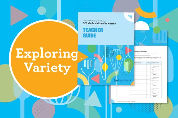 A colourful design that says, “Exploring Variety”, and shows the cover of the Teacher Guide and an image of an activity sheet.