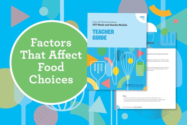 A colourful design that says, “Factors That Affect Food Choices”, and shows the cover of the Teacher Guide and an image of an activity sheet