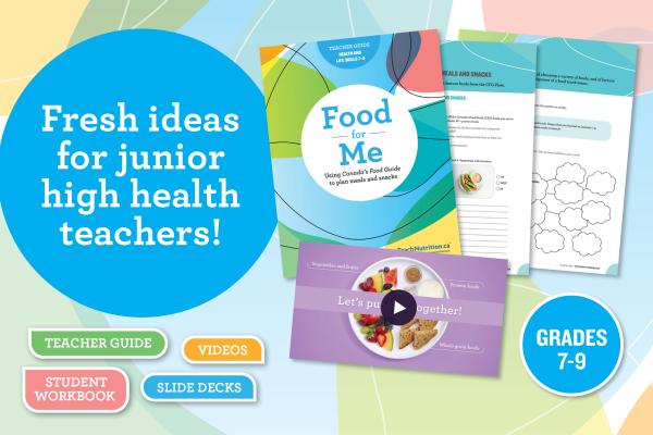 A colourful design that says “Fresh ideas for junior high health teachers!” and shows the front cover of the teacher guide, two student activities, and a still image of the Canada’s Food Guide transformation video. 