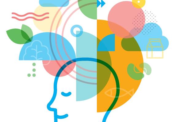Graphic image of shape of head with abstract shapes and food images surrounding.