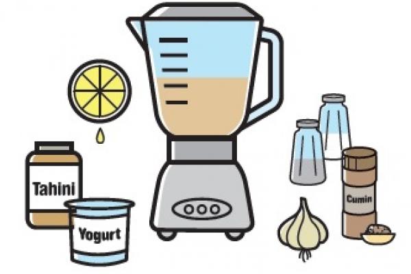 Cartoon image of blender with hummus ingredients around it.