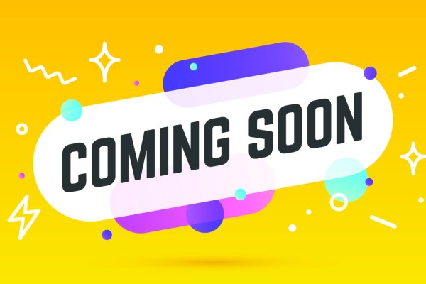 The phrase “coming soon” with colourful squiggles, shapes, and dots surrounding it.