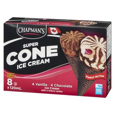 Chapman's Vanilla And Chocolate With Cherry Center Super Ice Cream Cones 8x120ml