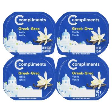 Compliments Vanilla Greek Yogurt 0% M.F. 4x100g