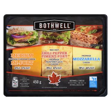 Bothwell Cheese Medium Cheddar, Mozzarella And Red Hot Chili Pepper Monterey Jack Slices 450g