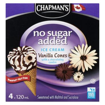 Chapman's No Sugar Added Vanilla Ice Cream Cones With A Chocolatey Centre 4x120ml