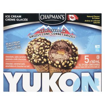Chapman's Grizzli Cone Chocolate, Salty Caramel, Peanuts & Milk Chocolate Ball Top Ice Cream Cones 5x140ml
