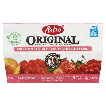 Astro Peach/Nectarin, Raspberry, Strawberry, Cherry Fruit On The Bottom Balkan Yogourt 4% M.F. 12x100g