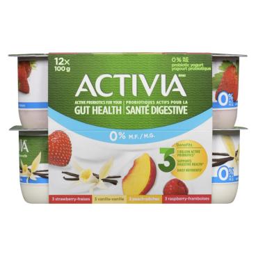 Activia Vanilla Raspberry Strawberry And Peach Probiotic Yogurt 0% M.F. 12x100g