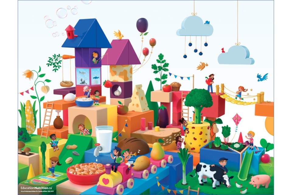 A village made of wooden building blocks and nutritious foods