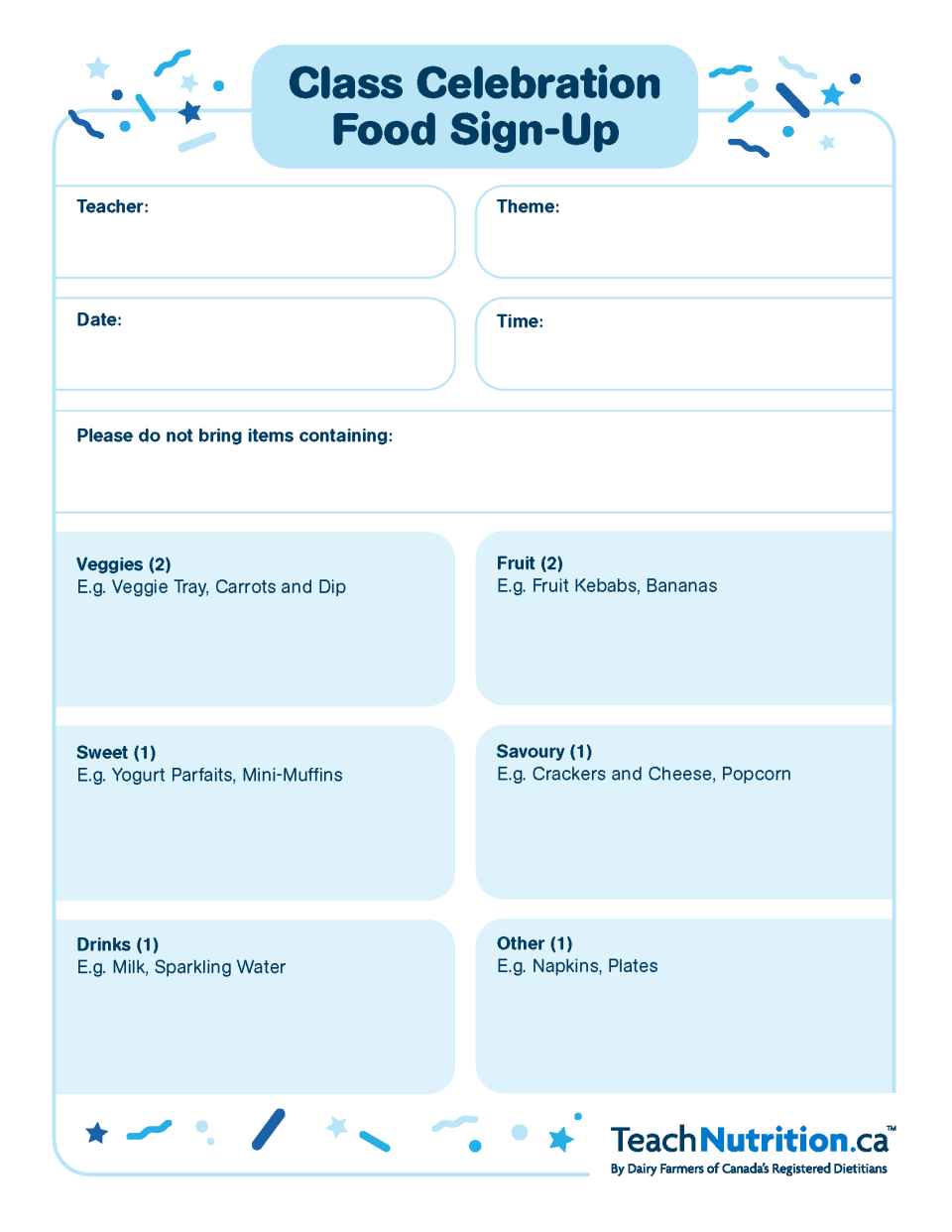 Class celebration food sign-up sheet