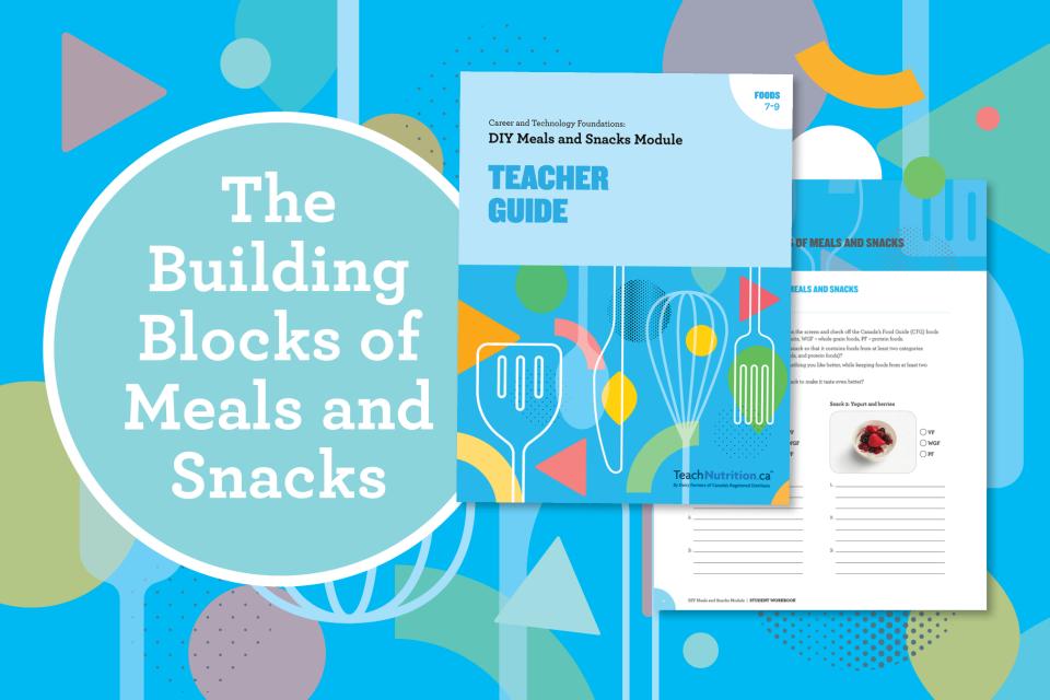 A colourful design that says, “The Building Blocks of Meals and Snacks”, and shows the cover of the Teacher Guide and an image of an activity sheet.     
