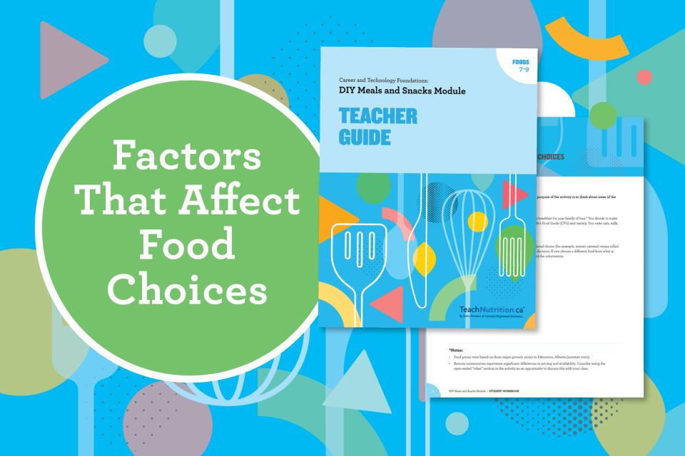 A colourful design that says, “Factors That Affect Food Choices”, and shows the cover of the Teacher Guide and an image of an activity sheet.