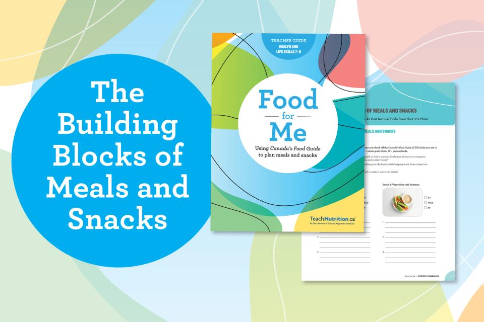 A colourful image that says, “The Building Blocks of Meals and Snacks”, and shows the teacher guide cover page and an image of an activity sheet.