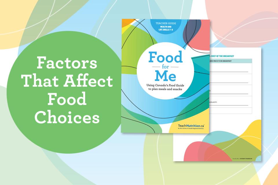 A colourful image that says, “Factors That Affect Food Choices” and shows an image of the teacher guide cover page, and an activity sheet. 