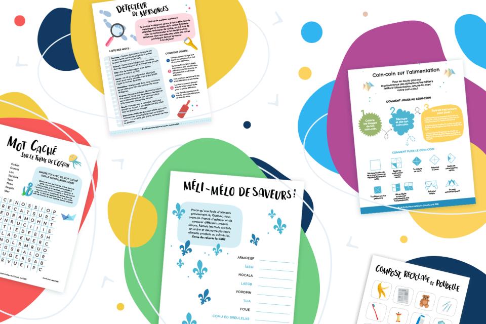 Illustration de plusieurs fiches d’activités gratuites pour les services de garde