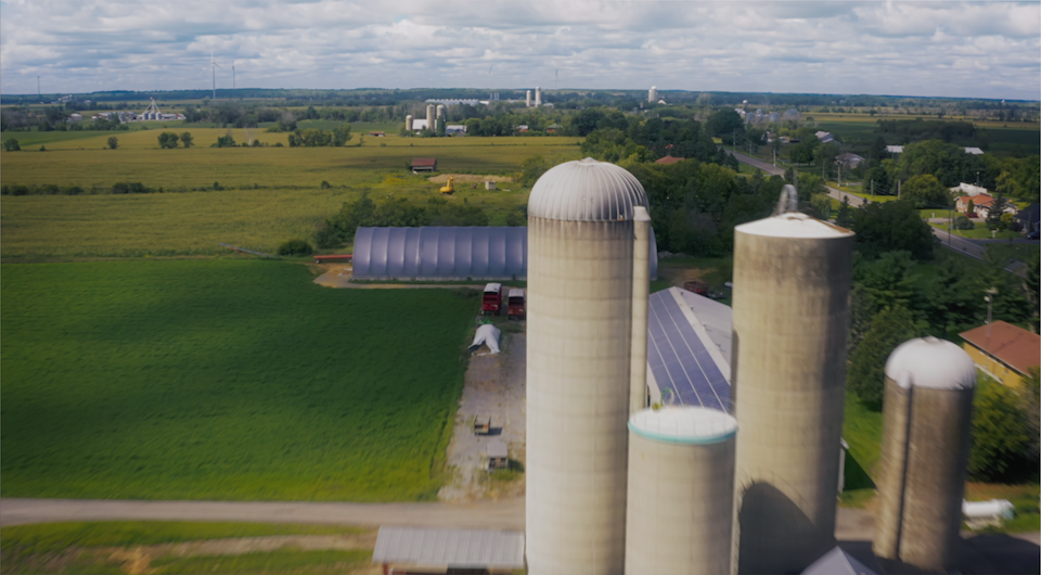 Aerial view of solar panels on a Canadian dairy farm