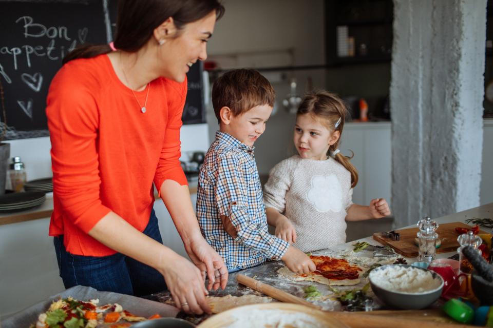 Mom cooking with kids