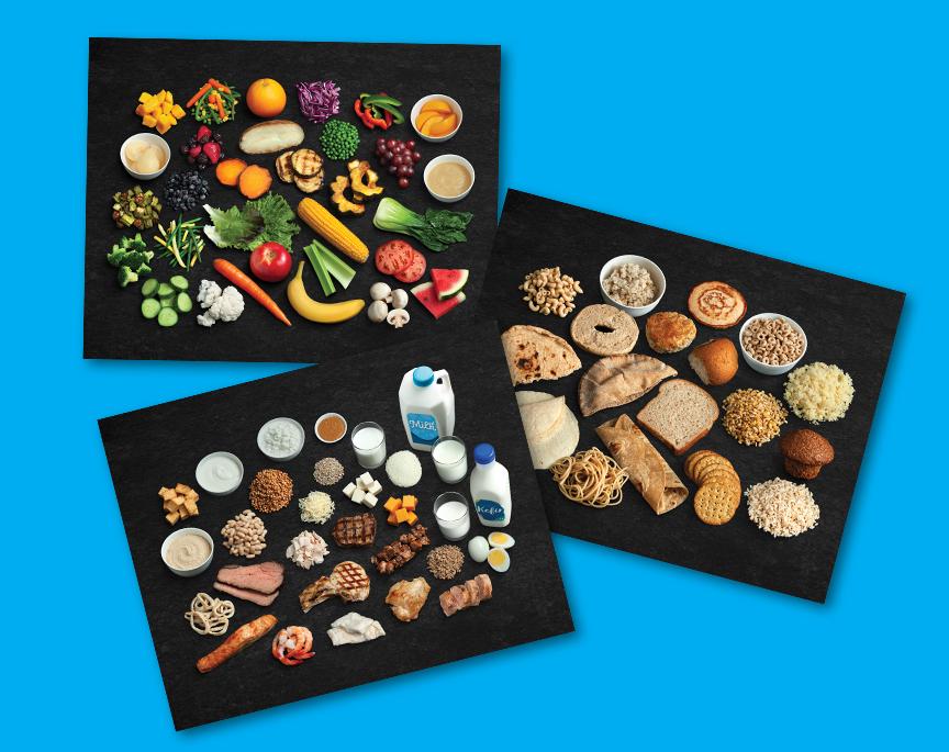 Image with Canada’s Food Guide Study Prints including foods from Canada’s Food Guide categories; protein foods, whole grain foods, and vegetables and fruits. 