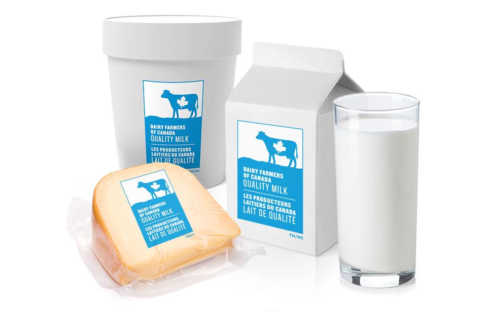A variety of Canadian dairy products featuring the Dairy Farmers of Canada Blue Cow logo