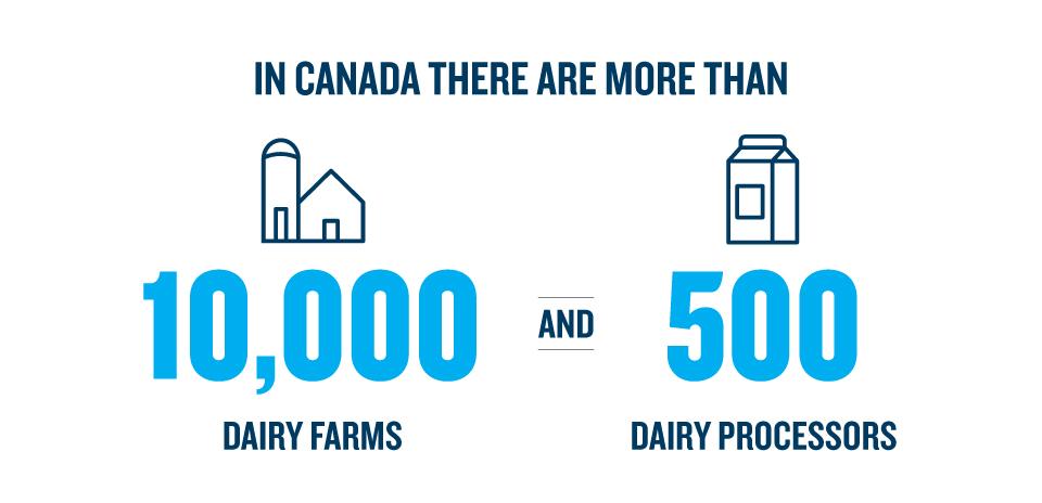 In Canada there are more than 10,000 dairy farms and 500 dairy processors.