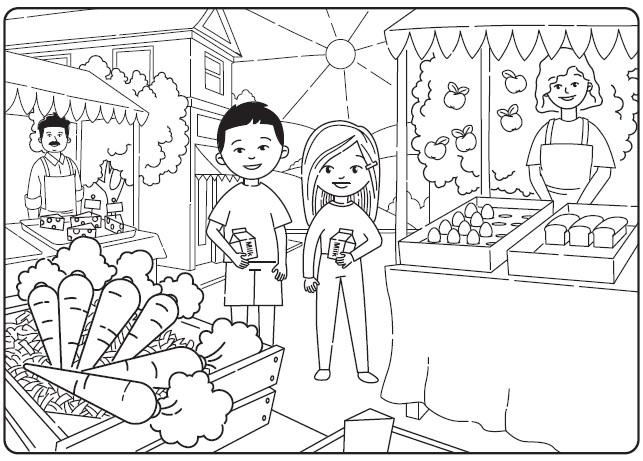 Cartoon image of two students in market scene.