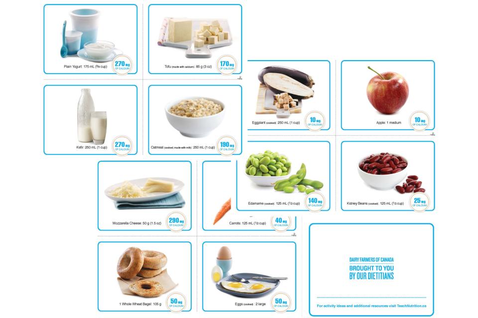 set of flash cards featuring foods with their calcium content