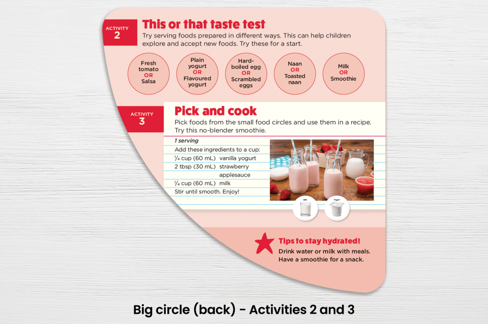 Back of big circle from the Food matching game, showing activity 2 and 3.