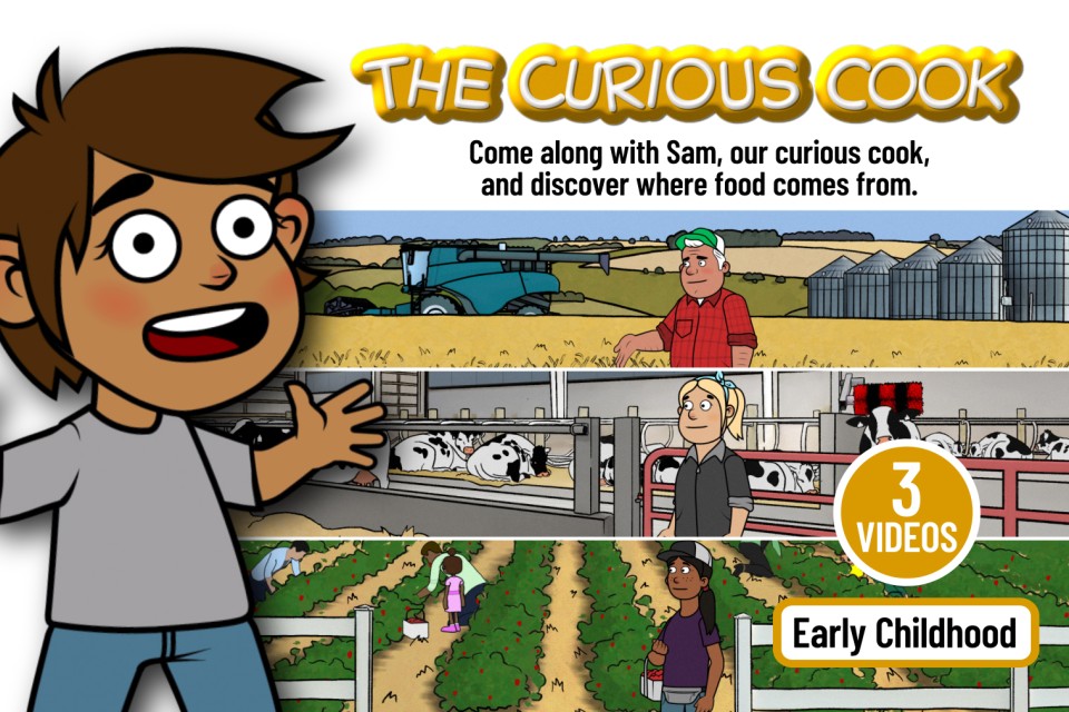 An excited child in the foreground with three scenes in the background. The top scene is a farmer beside a wheat field with a combine and grain bins. The middle scene is a farmer inside a dairy barn with cows. The bottom scene is a farmer with a basket of strawberries at a u-pick.
