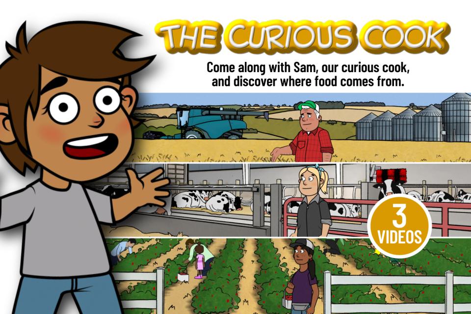 Illustration of a child with a wheat field, dairy farm and strawberry field in the background