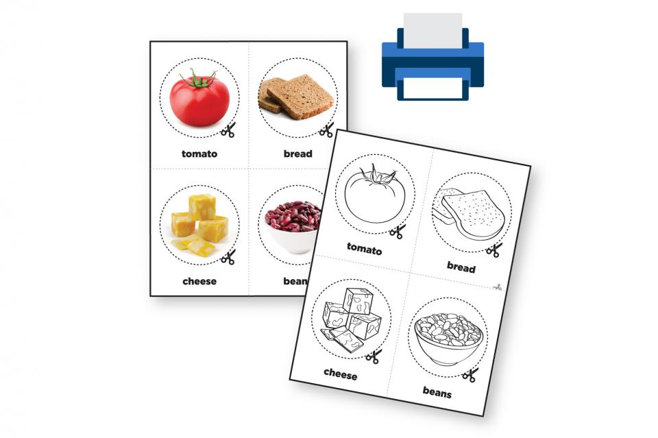 Printable stick puppets with food images (tomato, bread, cheese cubes and kidney beans)