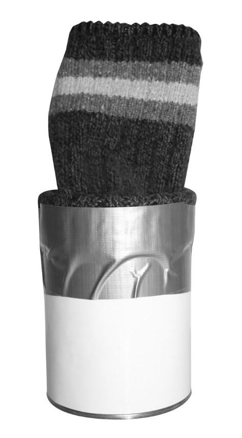 Black and white image of tin can with sock taped to the top to hide contents of can.