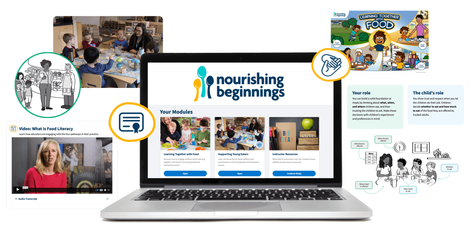 Laptop screen showing a Nourishing Beginnings logo and images of three online modules. The laptop is surrounded by images from the modules including video stills, icons, and illustrations.