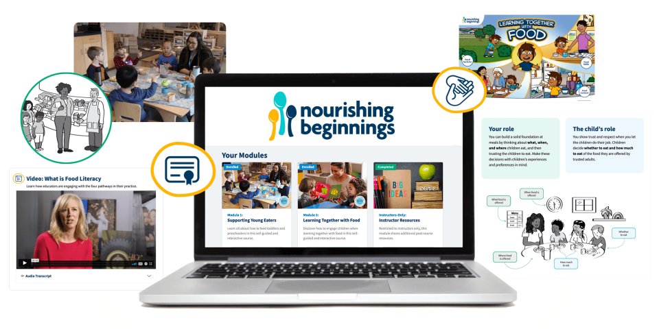 Laptop screen showing a Nourishing Beginnings logo and images of three online modules. The laptop is surrounded by images from the modules including video stills, icons, and illustrations. 