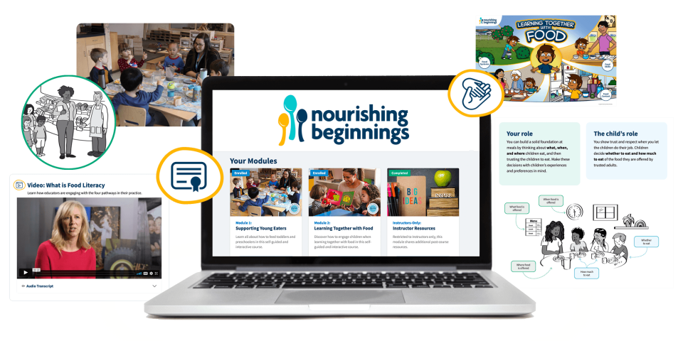 Laptop screen showing a Nourishing Beginnings logo and images of three online modules. The laptop is surrounded by images from the modules including video stills, icons, and illustrations.