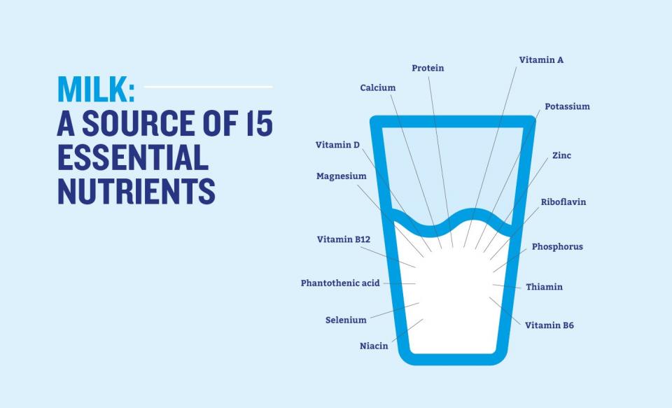 A graphic image of a glass of milk, showing all 15 essential nutrients found within.