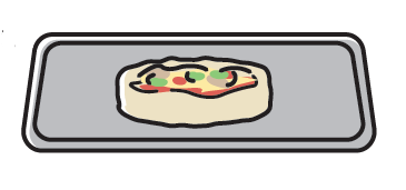 Illustrated image of English muffin pizza on grey baking sheet.