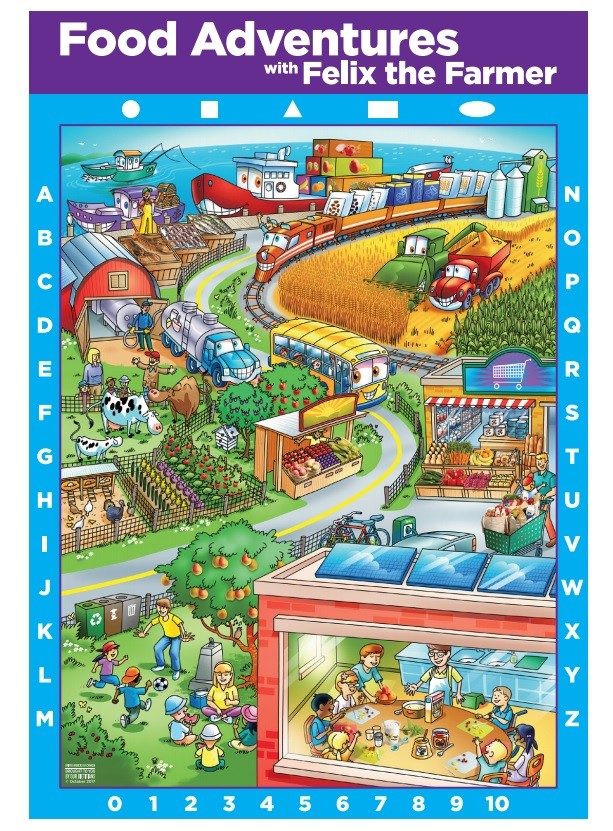 Poster with images of foods, farm animals and children