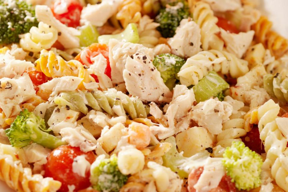 Pasta salad with chicken, cheese and vegetables