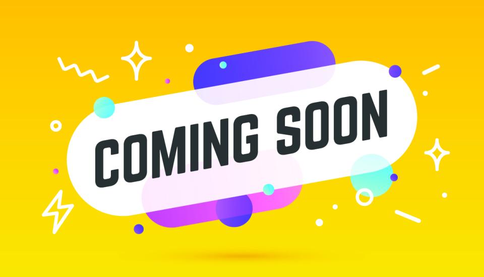 The phrase “coming soon” with colourful squiggles, shapes, and dots surrounding it. 