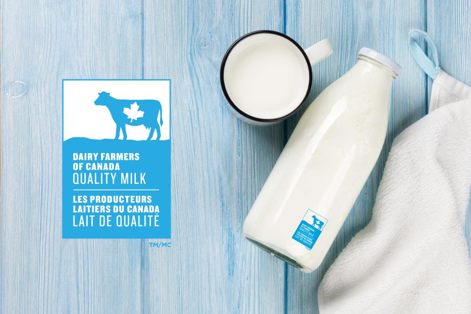 The Dairy Farmers of Canada Blue Cow logo and a bottle of Canadian milk