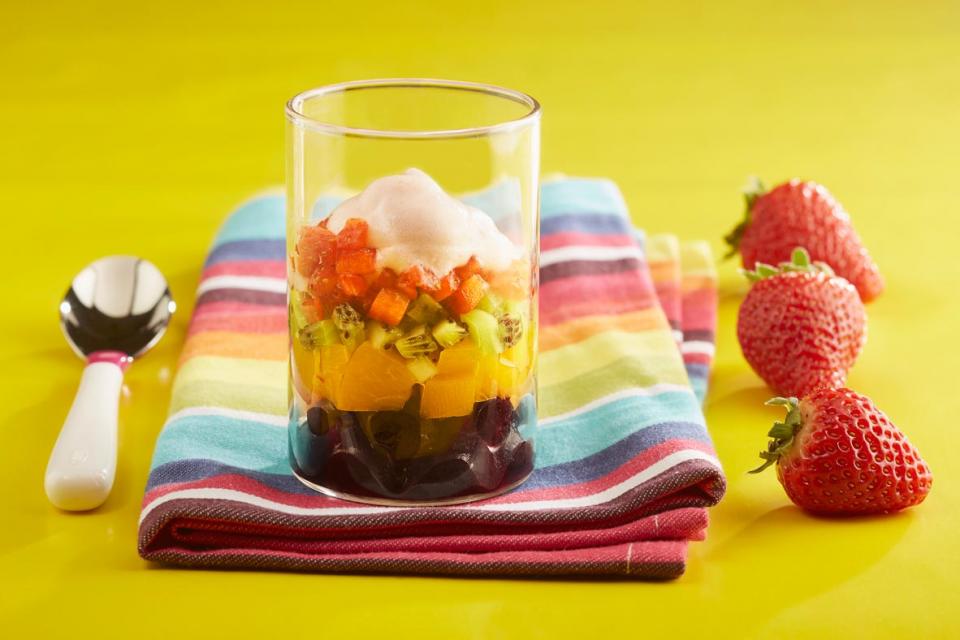 Layered fruit with maple milk froth, kids, recipe, snack