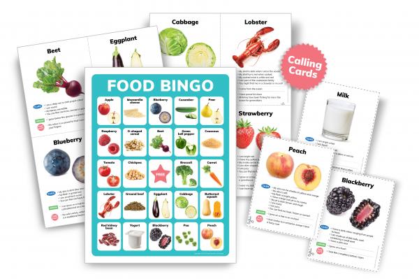Image of a food bingo card and calling cards.