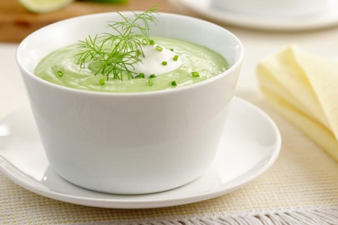 cold avocado and green pea soup with dill